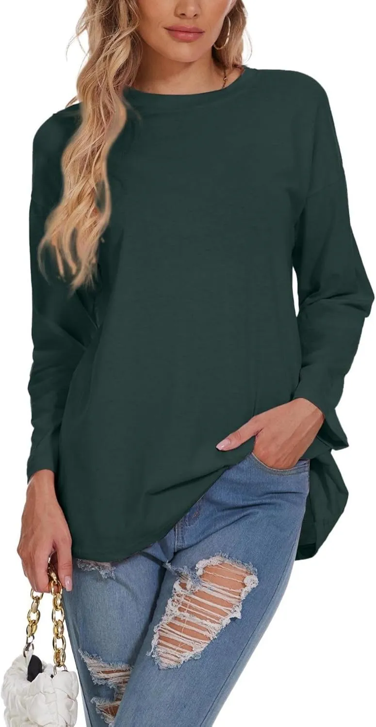 Women Oversized Crew Neck T-Shirts Loose Long Sleeve Tunic Top 2024 Comfy Cozy Cotton Lounge Tees