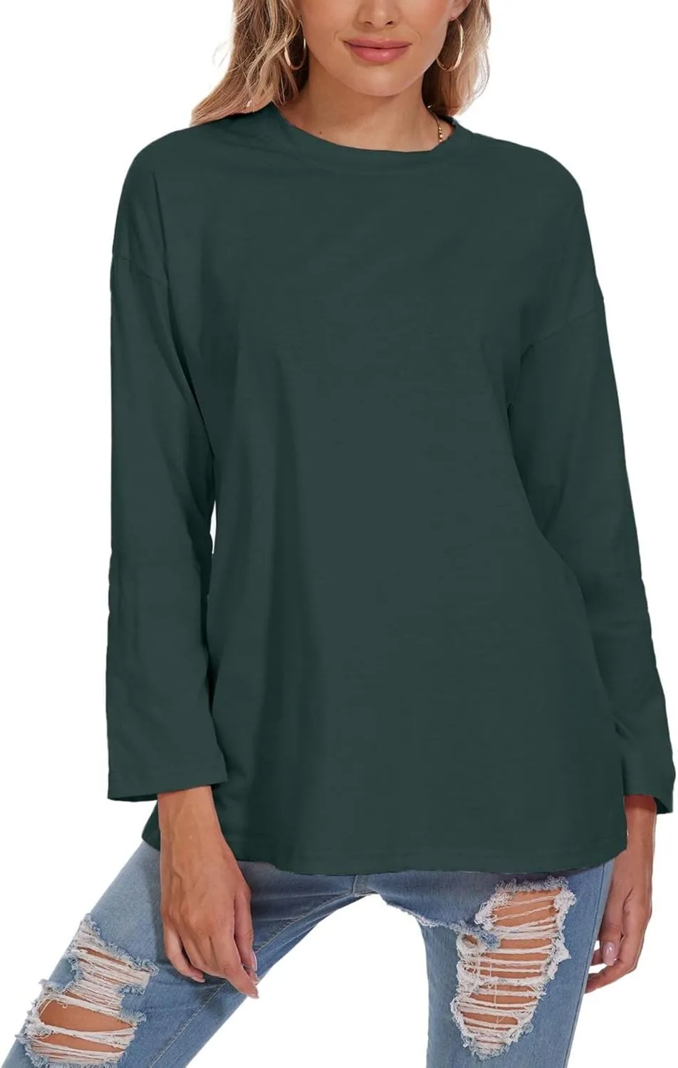 Women Oversized Crew Neck T-Shirts Loose Long Sleeve Tunic Top 2024 Comfy Cozy Cotton Lounge Tees
