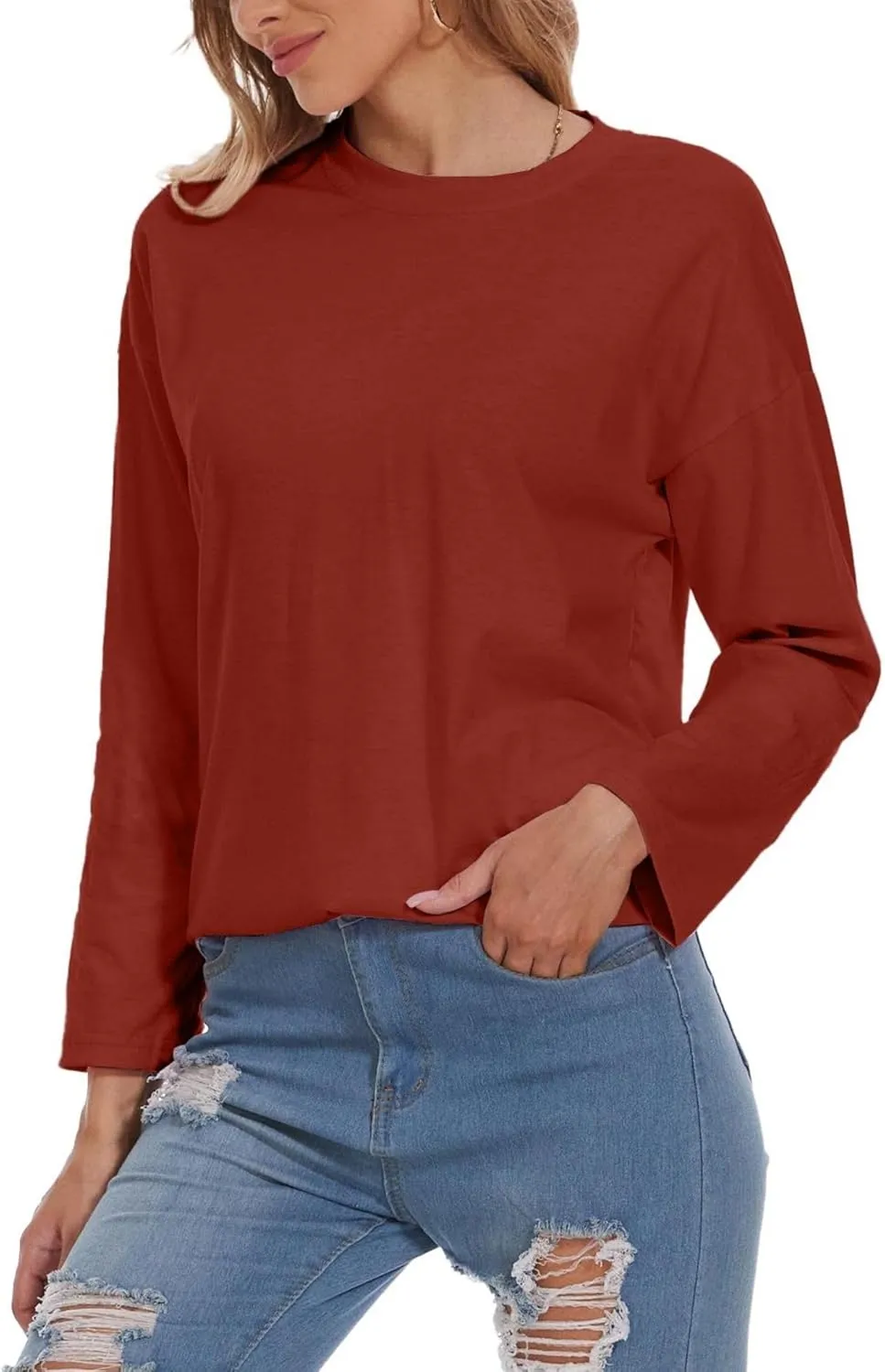 Women Oversized Crew Neck T-Shirts Loose Long Sleeve Tunic Top 2024 Comfy Cozy Cotton Lounge Tees