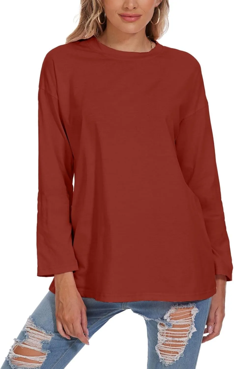 Women Oversized Crew Neck T-Shirts Loose Long Sleeve Tunic Top 2024 Comfy Cozy Cotton Lounge Tees