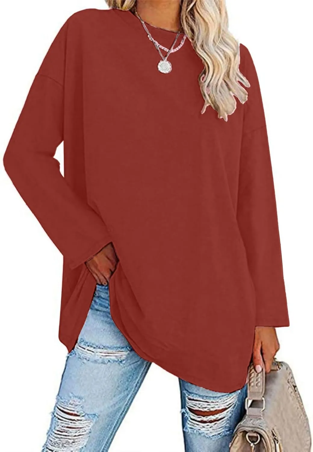 Women Oversized Crew Neck T-Shirts Loose Long Sleeve Tunic Top 2024 Comfy Cozy Cotton Lounge Tees