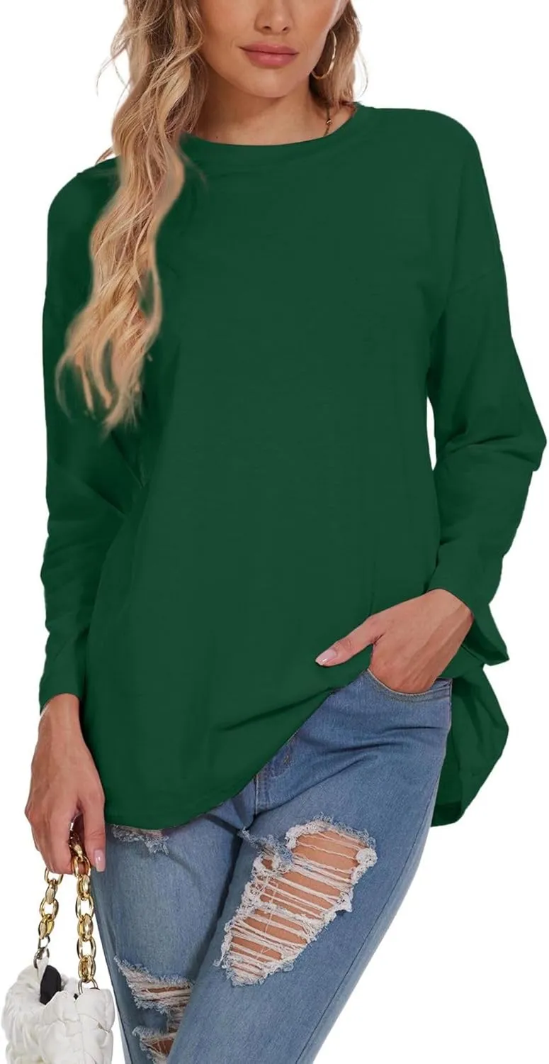 Women Oversized Crew Neck T-Shirts Loose Long Sleeve Tunic Top 2024 Comfy Cozy Cotton Lounge Tees
