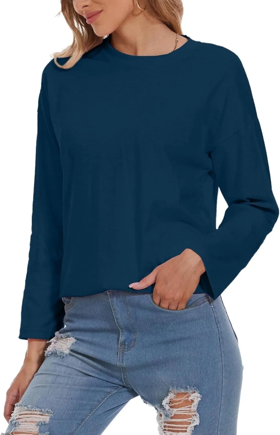 Women Oversized Crew Neck T-Shirts Loose Long Sleeve Tunic Top 2024 Comfy Cozy Cotton Lounge Tees