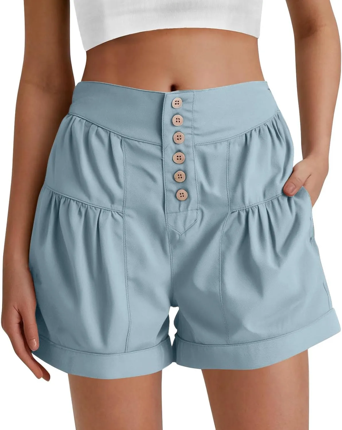 Women Short Jeans High Waist Summer Straight Leg Denim Shorts Solid Color Denim Shorts Pocket Ladies Cropped Trousers