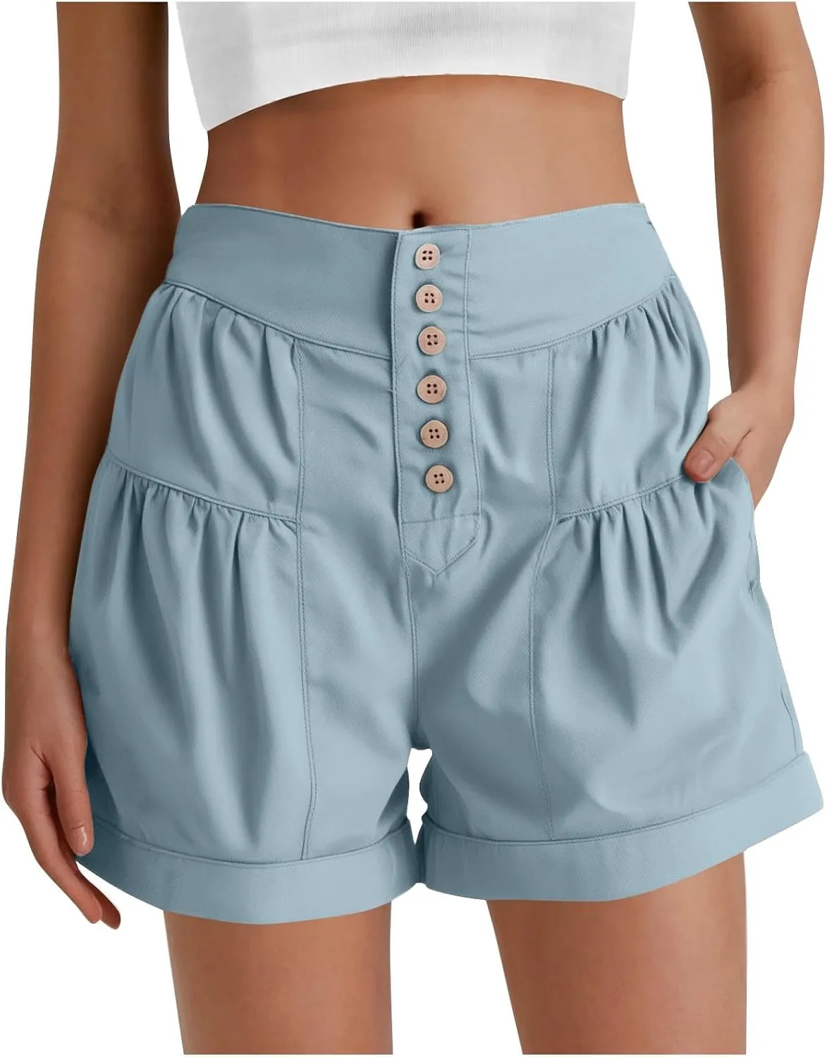 Women Short Jeans High Waist Summer Straight Leg Denim Shorts Solid Color Denim Shorts Pocket Ladies Cropped Trousers