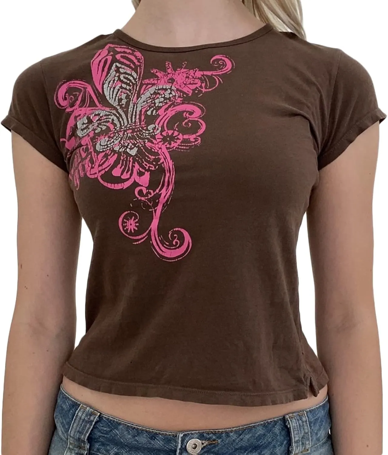 Women Vintage T-Shirt Casual Short Sleeve Round Neck Graphic Print Blouse Tee E-Girl Fairy Grunge Streetwear