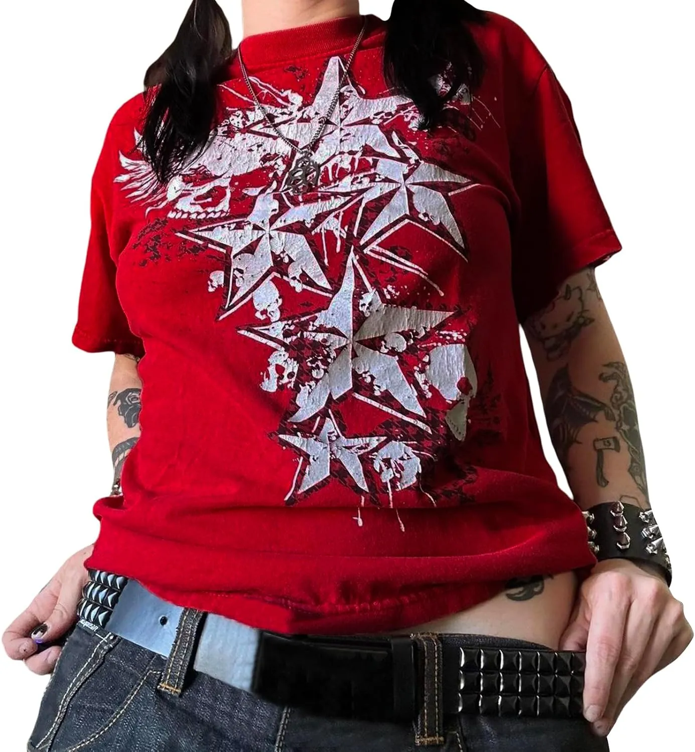 Women Vintage T-Shirt Casual Short Sleeve Round Neck Graphic Print Blouse Tee E-Girl Fairy Grunge Streetwear