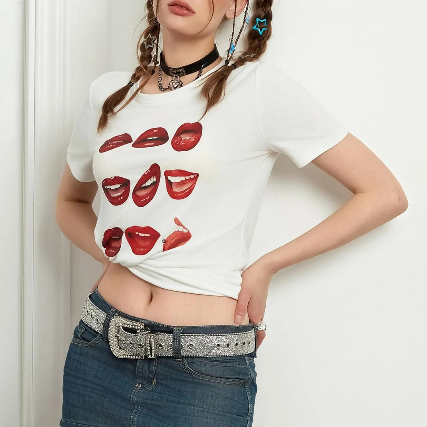 Women Y2k Graphic Baby Tee Cute Aesthetic Shirt Short Sleeve Crew Neck Tshirt 00s Retro Crop Top Coquette Streetwear