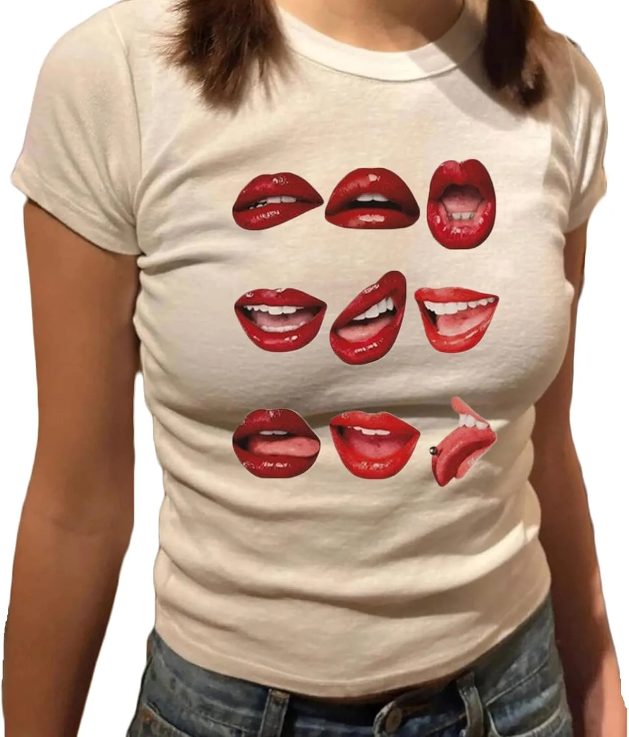 Women Y2k Graphic Baby Tee Cute Aesthetic Shirt Short Sleeve Crew Neck Tshirt 00s Retro Crop Top Coquette Streetwear