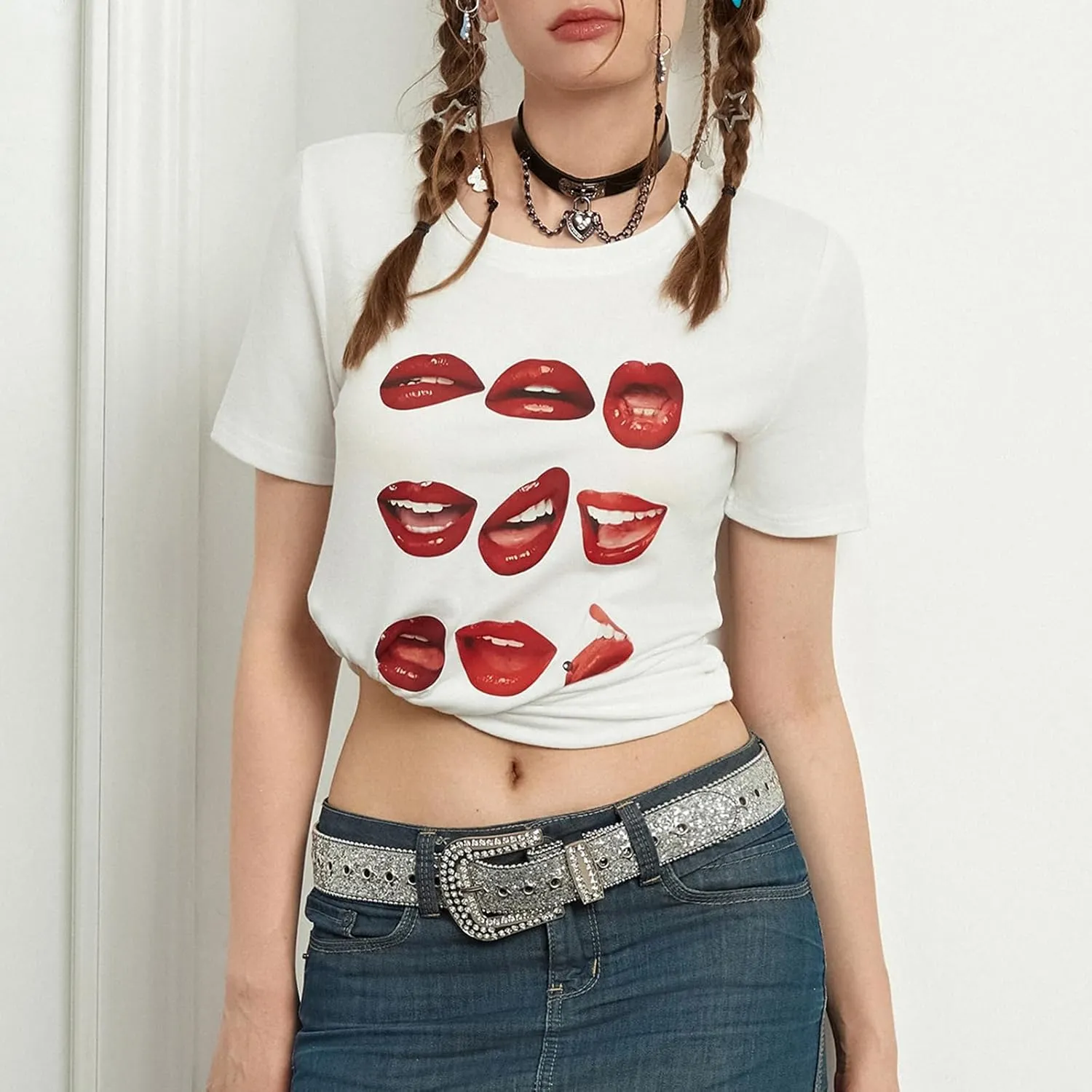 Women Y2k Graphic Baby Tee Cute Aesthetic Shirt Short Sleeve Crew Neck Tshirt 00s Retro Crop Top Coquette Streetwear