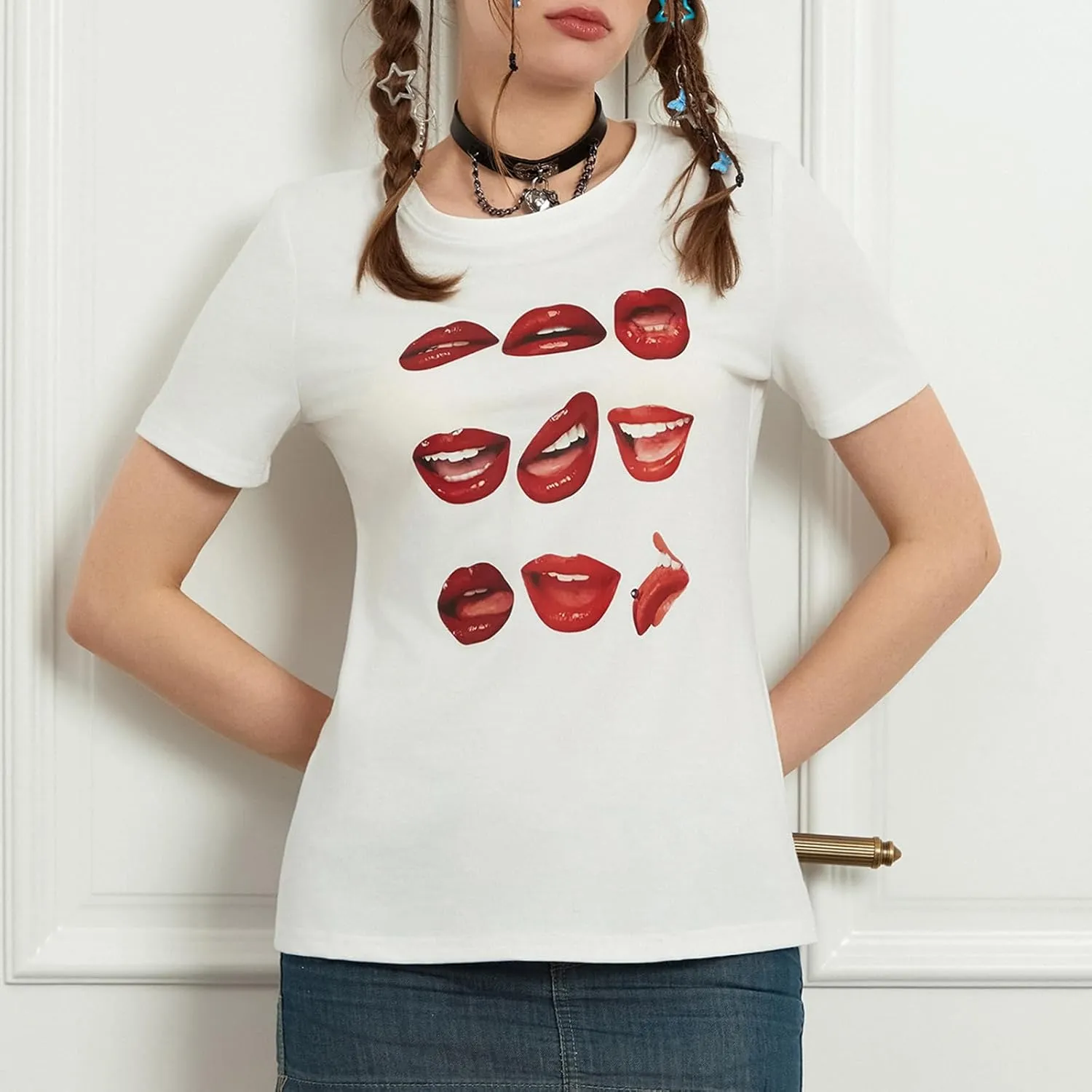 Women Y2k Graphic Baby Tee Cute Aesthetic Shirt Short Sleeve Crew Neck Tshirt 00s Retro Crop Top Coquette Streetwear