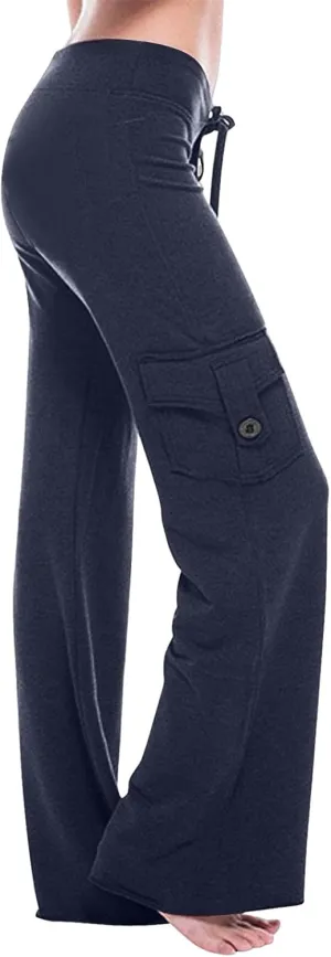 Women Yoga Pants High Waist Cargo Wide Leg Pants Stretch Tummy Control Butt Lifting Pant Drawstring Straight Leg Trouser