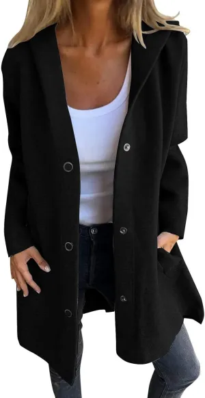Womens Casual Hooded Jacket Long Sleeve Single Breasted Trench Coat Solid Color Button Up Cardigan Sweaters