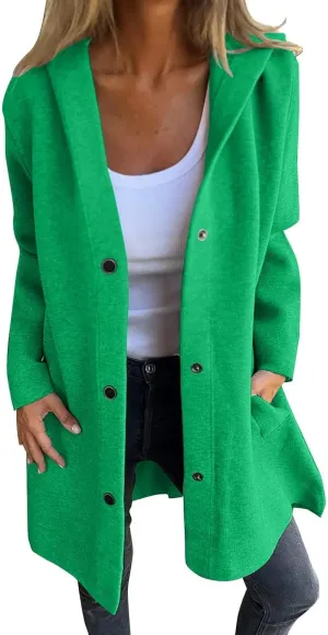 Womens Casual Hooded Jacket Long Sleeve Single Breasted Trench Coat Solid Color Button Up Cardigan Sweaters