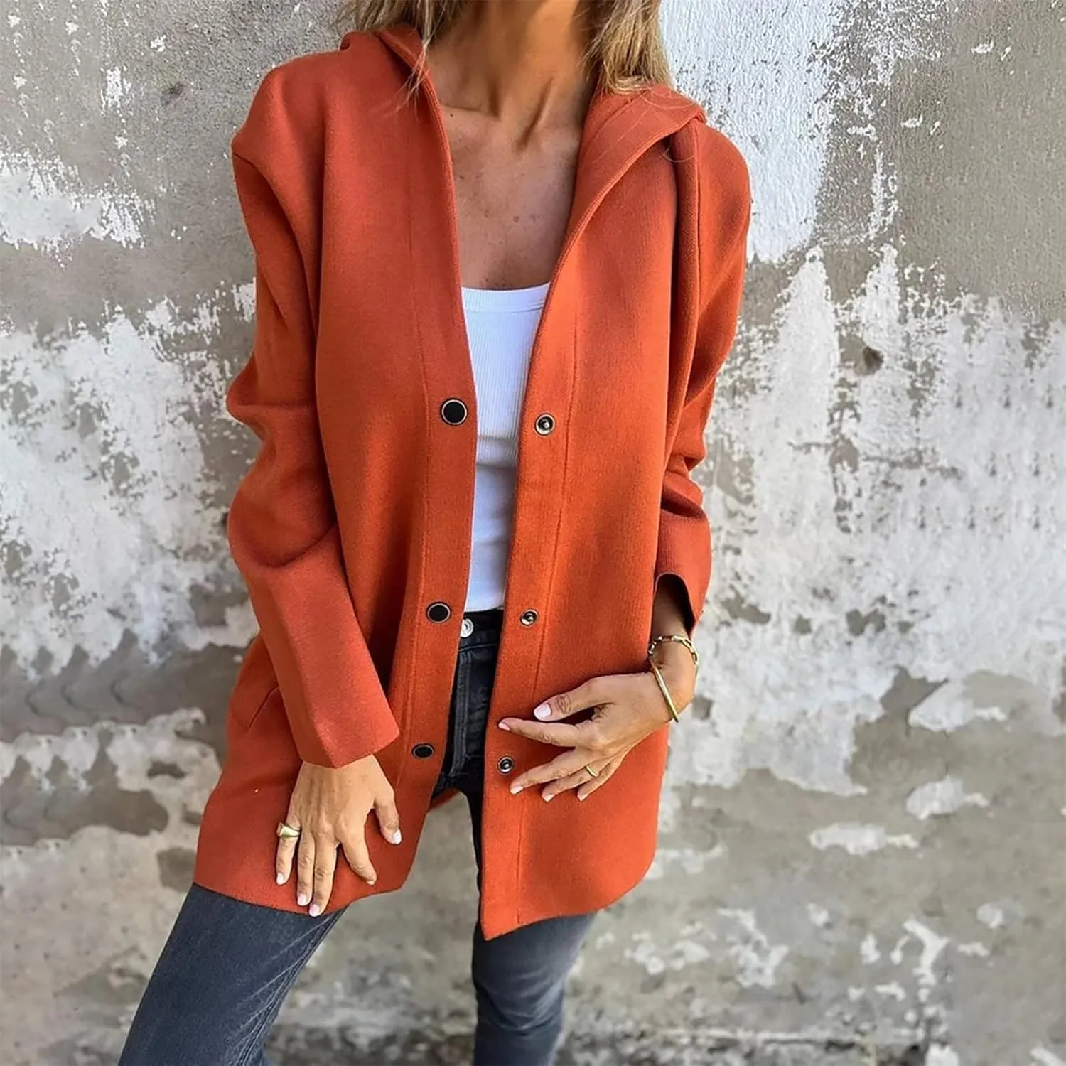 Womens Casual Hooded Jacket Long Sleeve Single Breasted Trench Coat Solid Color Button Up Cardigan Sweaters