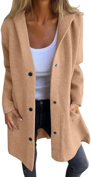 Womens Casual Hooded Jacket Long Sleeve Single Breasted Trench Coat Solid Color Button Up Cardigan Sweaters