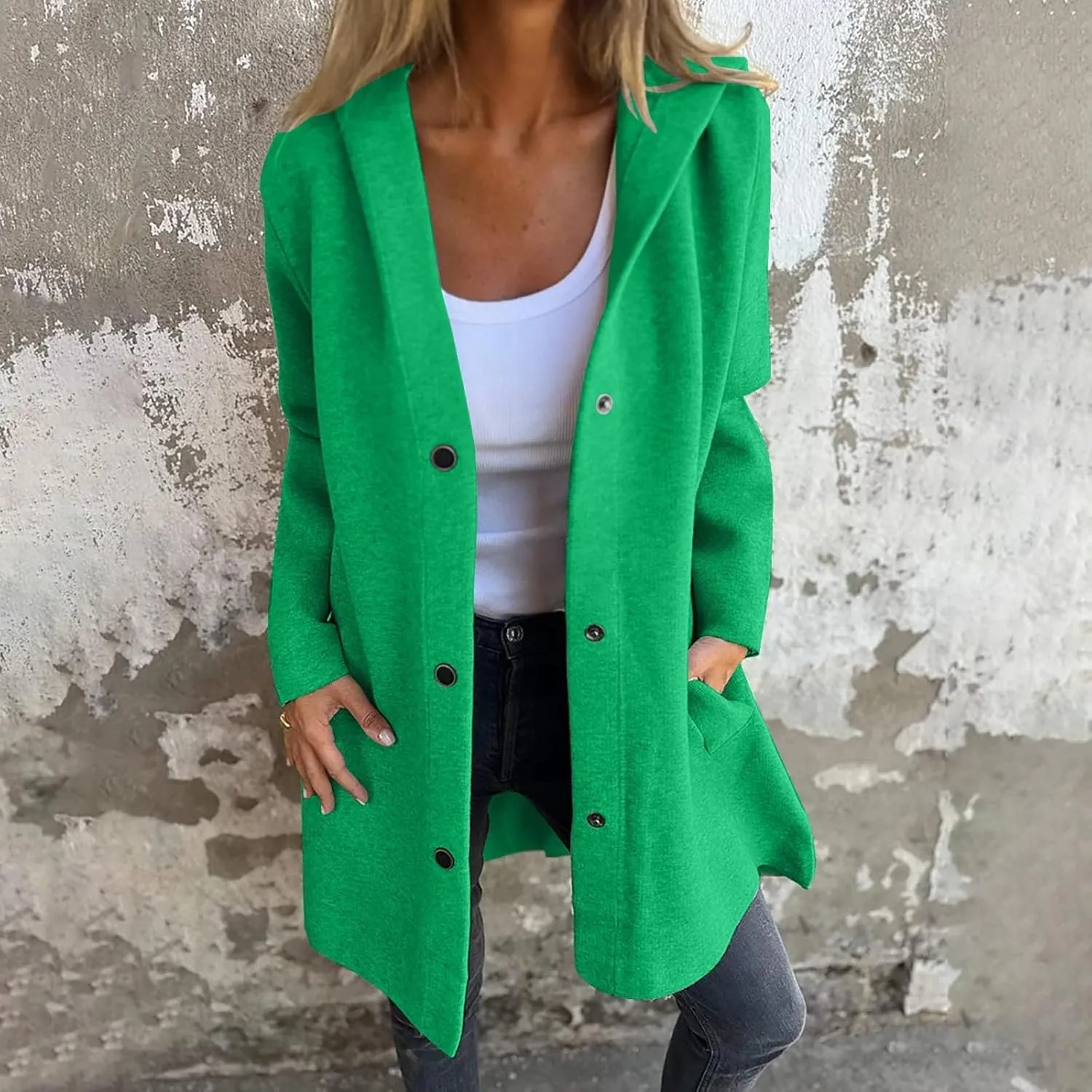 Womens Casual Hooded Jacket Long Sleeve Single Breasted Trench Coat Solid Color Button Up Cardigan Sweaters