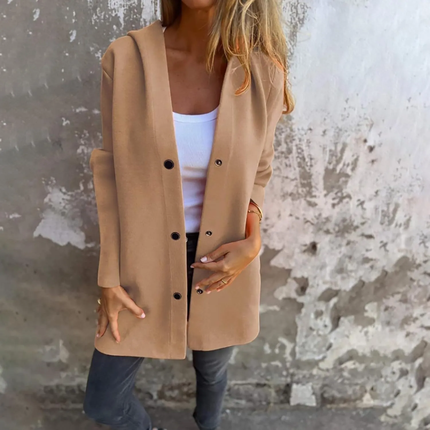 Womens Casual Hooded Jacket Long Sleeve Single Breasted Trench Coat Solid Color Button Up Cardigan Sweaters