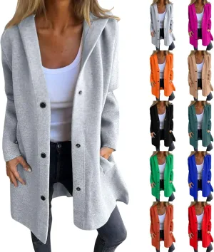Womens Casual Hooded Jacket Long Sleeve Single Breasted Trench Coat Solid Color Button Up Cardigan Sweaters