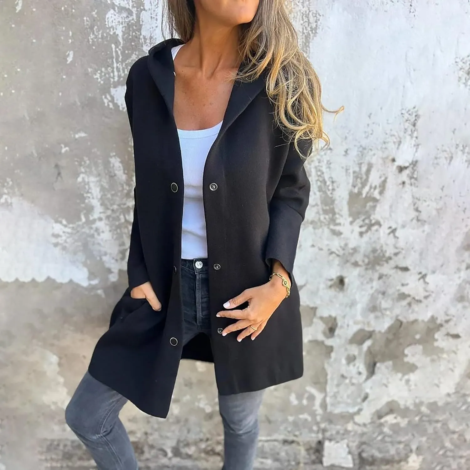Womens Casual Hooded Jacket Long Sleeve Single Breasted Trench Coat Solid Color Button Up Cardigan Sweaters