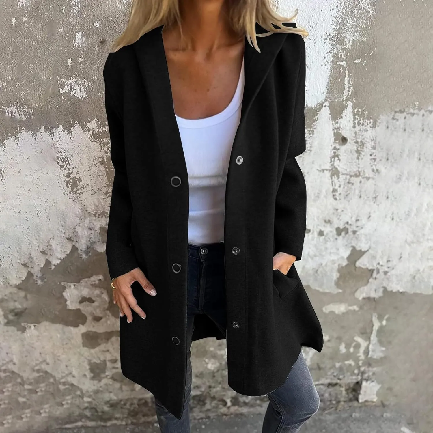 Womens Casual Hooded Jacket Long Sleeve Single Breasted Trench Coat Solid Color Button Up Cardigan Sweaters