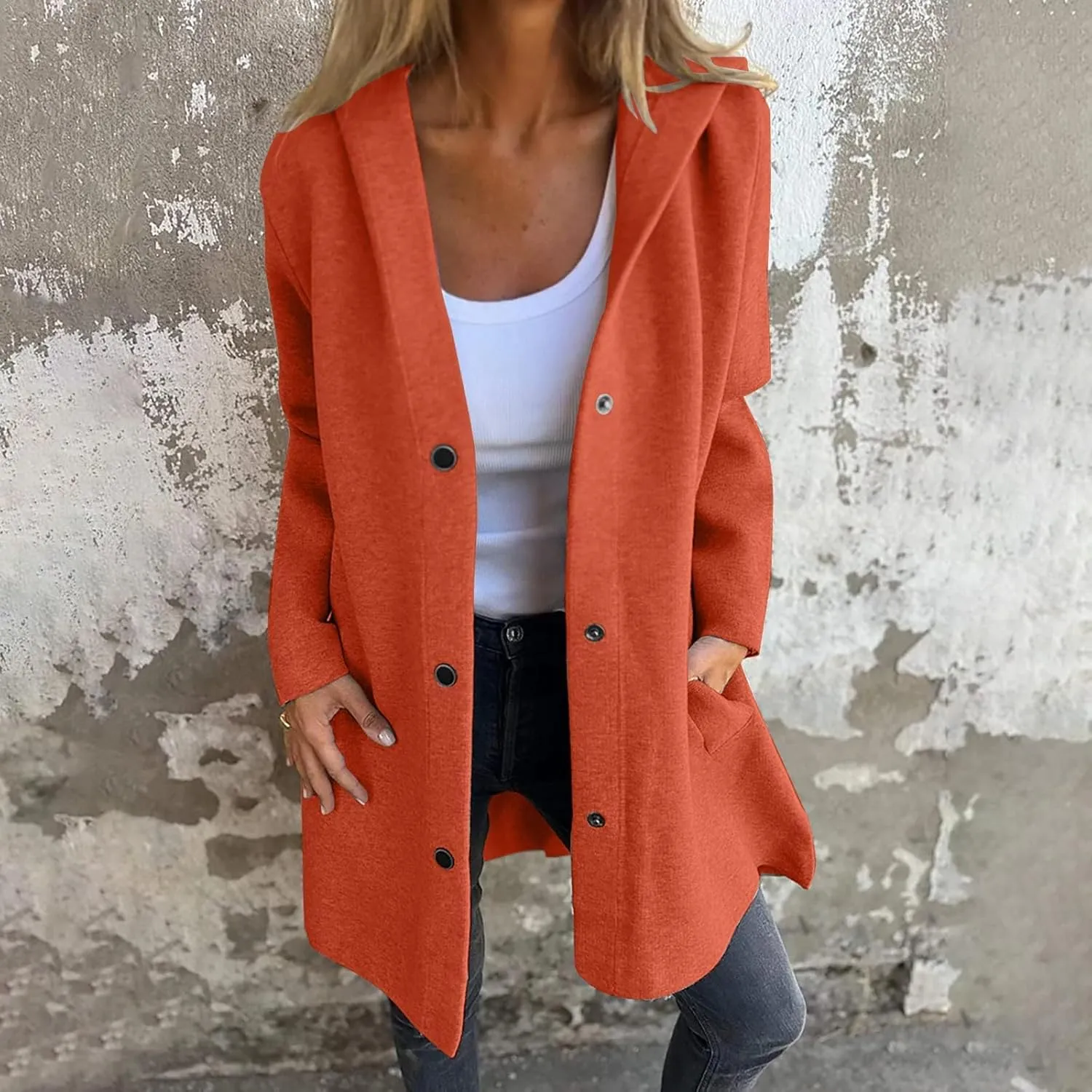Womens Casual Hooded Jacket Long Sleeve Single Breasted Trench Coat Solid Color Button Up Cardigan Sweaters