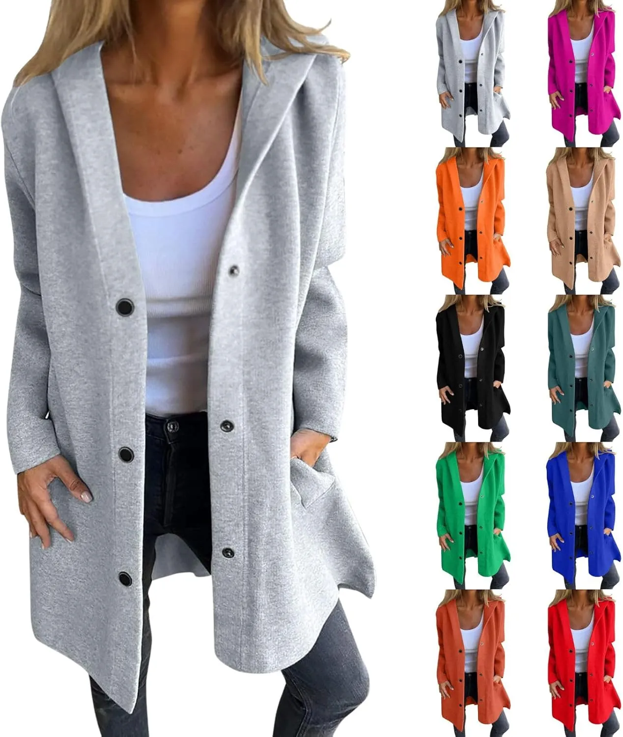 Womens Casual Hooded Jacket Long Sleeve Single Breasted Trench Coat Solid Color Button Up Cardigan Sweaters