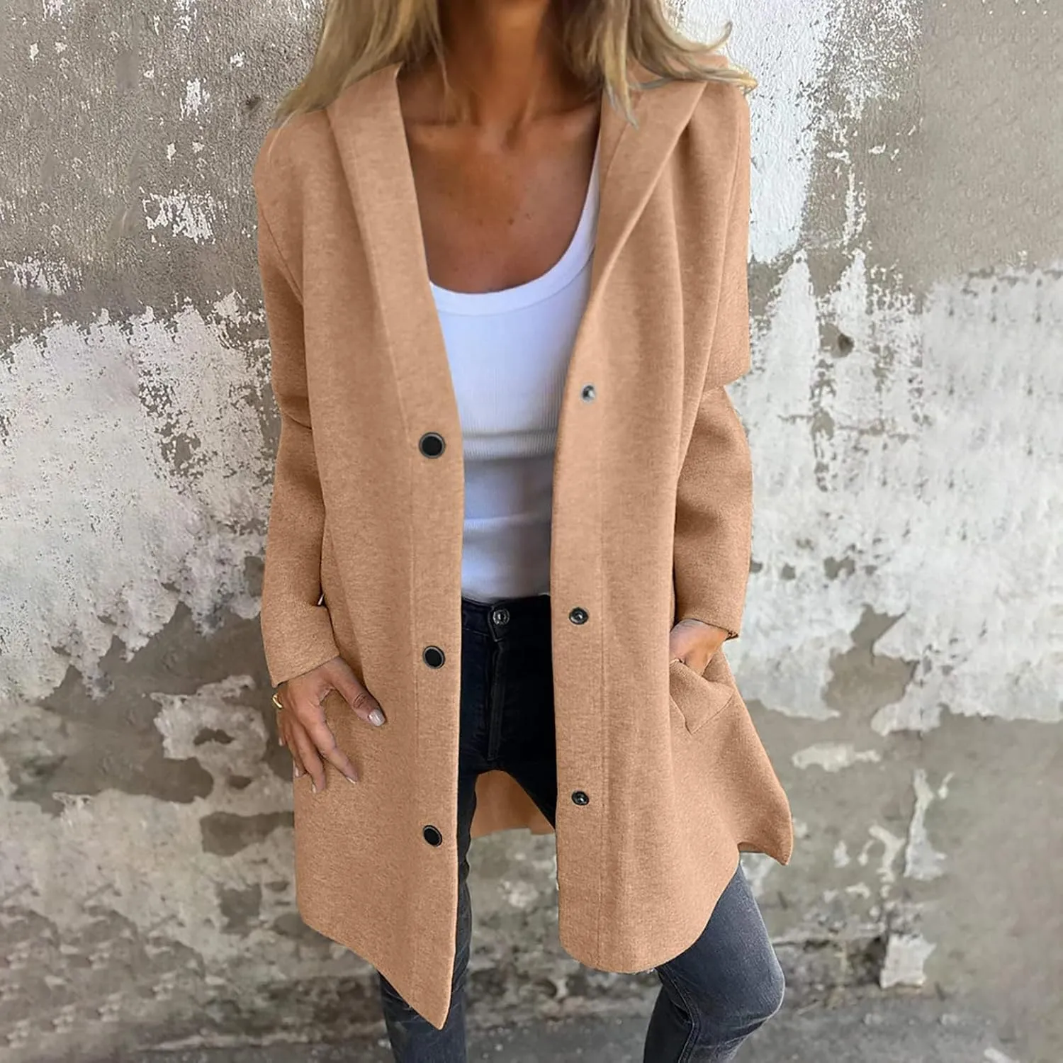 Womens Casual Hooded Jacket Long Sleeve Single Breasted Trench Coat Solid Color Button Up Cardigan Sweaters