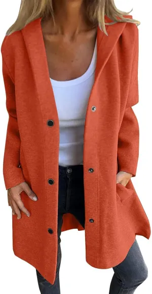 Womens Casual Hooded Jacket Long Sleeve Single Breasted Trench Coat Solid Color Button Up Cardigan Sweaters