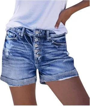 Women's Casual Ripped High Waisted Denim Shorts Stretchy Cuffed Hem Denim Hot Short Summer Jean Shorts