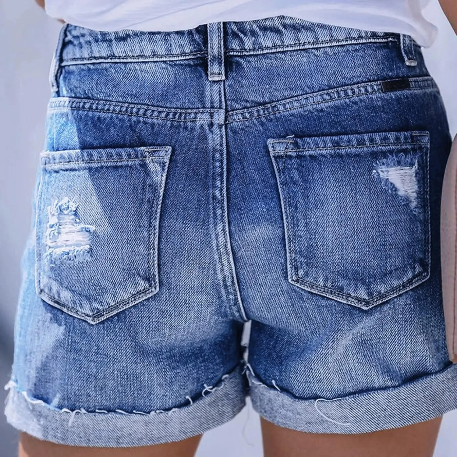 Women's Casual Ripped High Waisted Denim Shorts Stretchy Cuffed Hem Denim Hot Short Summer Jean Shorts