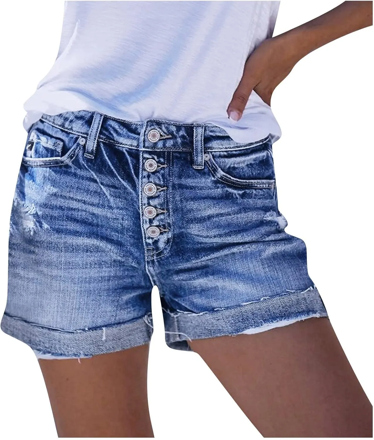 Women's Casual Ripped High Waisted Denim Shorts Stretchy Cuffed Hem Denim Hot Short Summer Jean Shorts