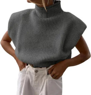 Women's Casual Solid Color Sleeveless High Neck Pullover Sweaters Autumn Winter Soft Cozy Oversize Loose Fit Knit Sweatshirts
