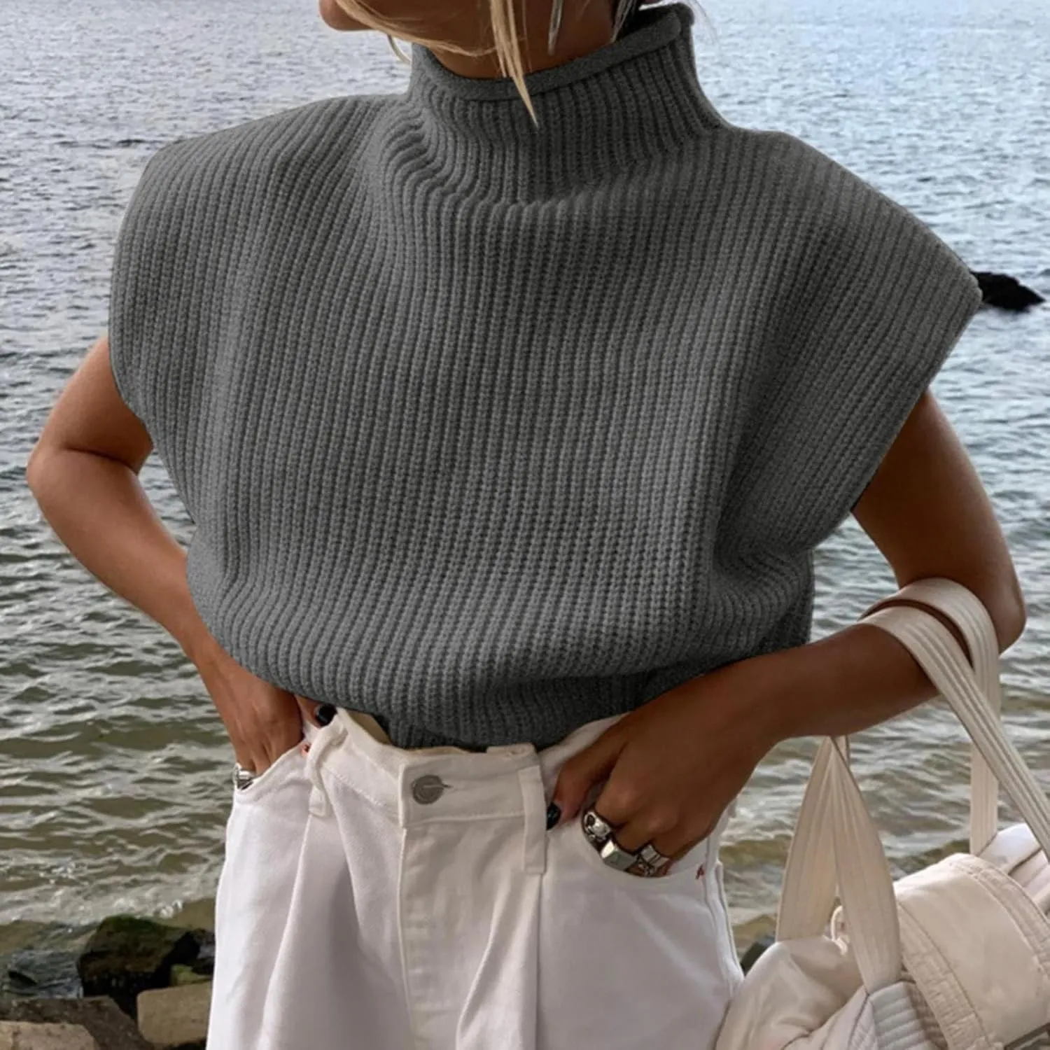 Women's Casual Solid Color Sleeveless High Neck Pullover Sweaters Autumn Winter Soft Cozy Oversize Loose Fit Knit Sweatshirts