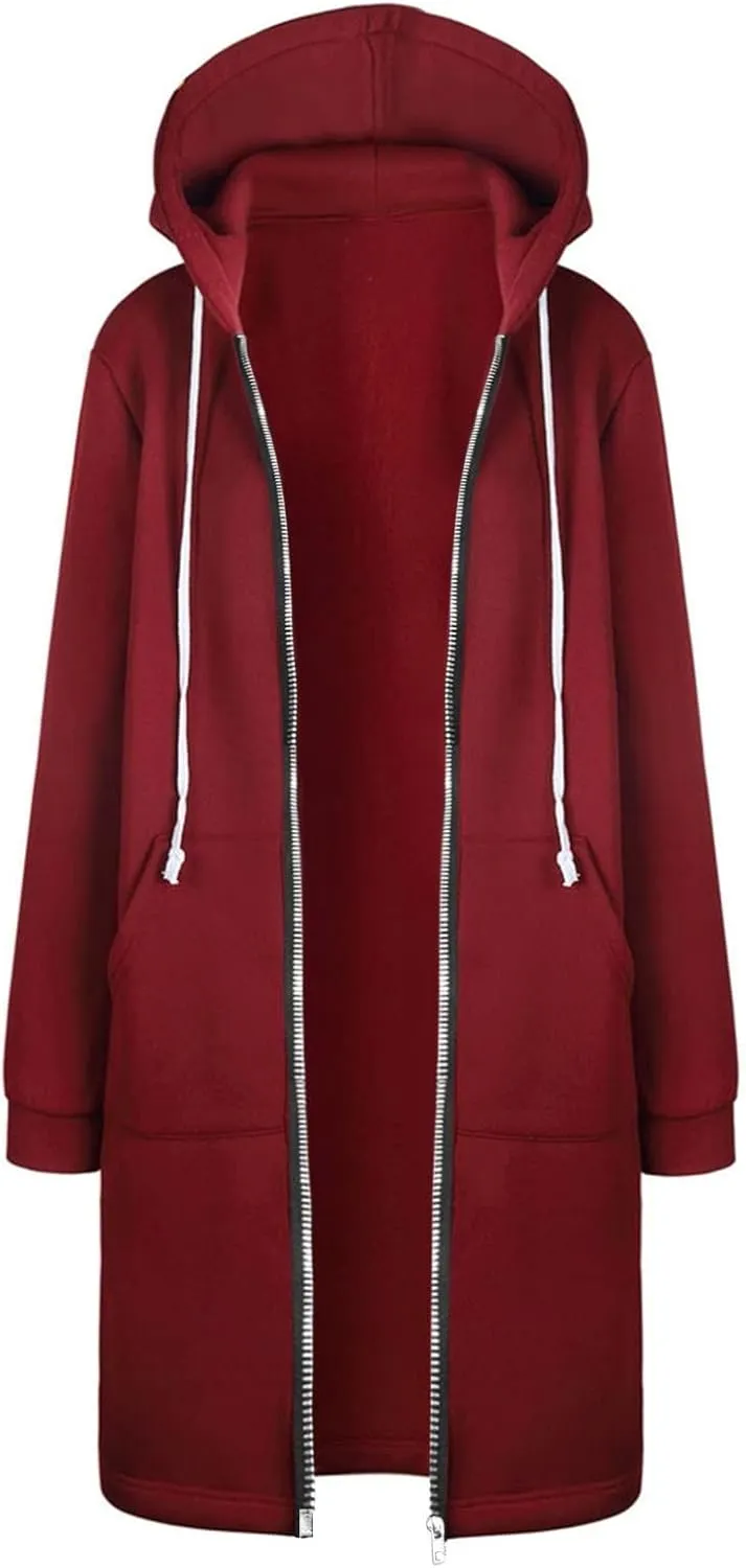 Women's Casual Zip Up Hoodies Long Tunic Sweatshirt Winter Windproof Drawstring Hooded Jacket Outerwear with Pockets