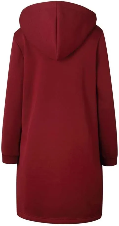 Women's Casual Zip Up Hoodies Long Tunic Sweatshirt Winter Windproof Drawstring Hooded Jacket Outerwear with Pockets