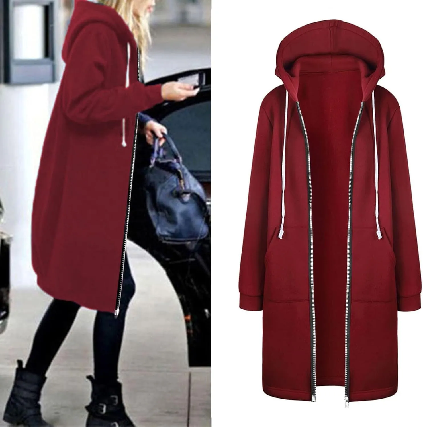 Women's Casual Zip Up Hoodies Long Tunic Sweatshirt Winter Windproof Drawstring Hooded Jacket Outerwear with Pockets