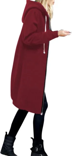 Women's Casual Zip Up Hoodies Long Tunic Sweatshirt Winter Windproof Drawstring Hooded Jacket Outerwear with Pockets