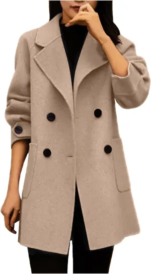 Women's Classic Double Breasted Wool Blend Pea Coat Winter Warm Notch Lapel Short Trench Coats Jacket with Pockets