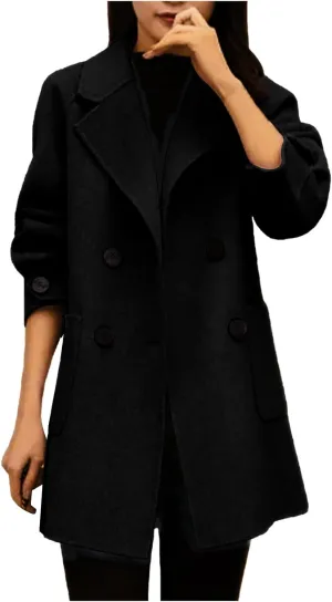 Women's Classic Double Breasted Wool Blend Pea Coat Winter Warm Notch Lapel Short Trench Coats Jacket with Pockets