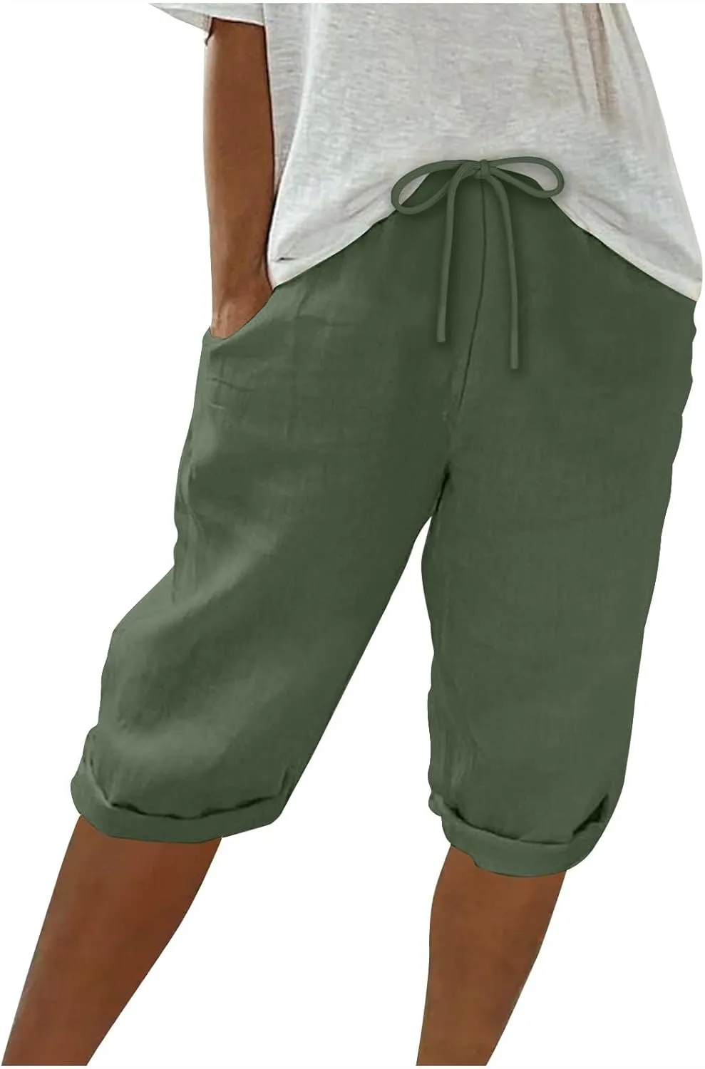 Womens Cotton Linen Shorts Casual Solid Yoga Sweat Shorts Elastic High Waisted Drawstring Shorts with Pockets