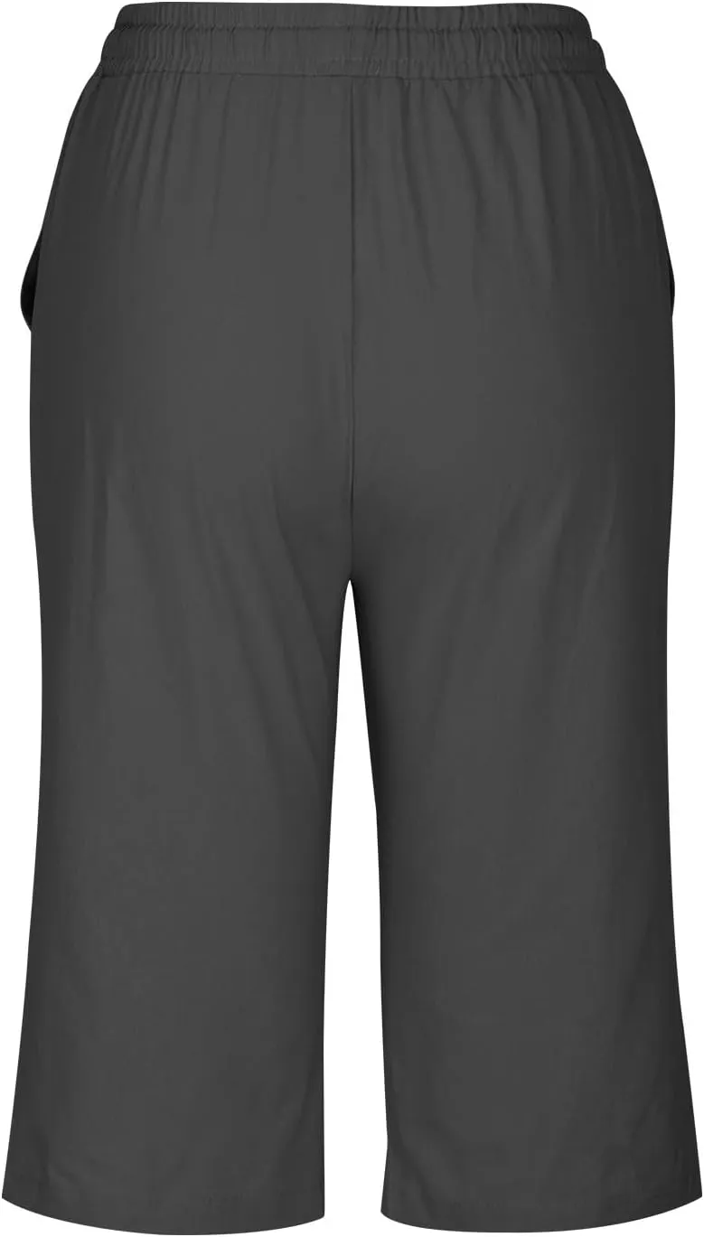 Womens Cotton Linen Shorts Casual Solid Yoga Sweat Shorts Elastic High Waisted Drawstring Shorts with Pockets