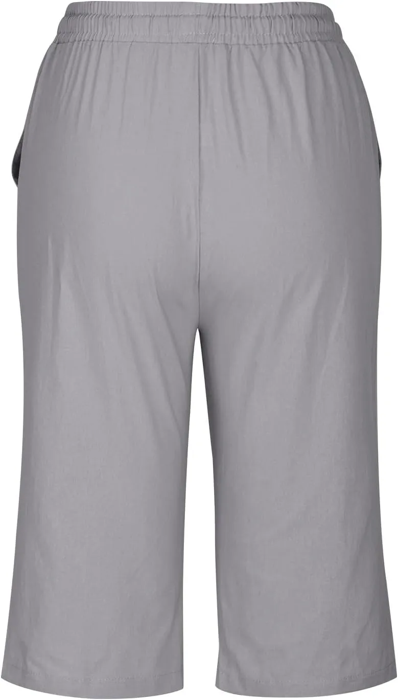 Womens Cotton Linen Shorts Casual Solid Yoga Sweat Shorts Elastic High Waisted Drawstring Shorts with Pockets