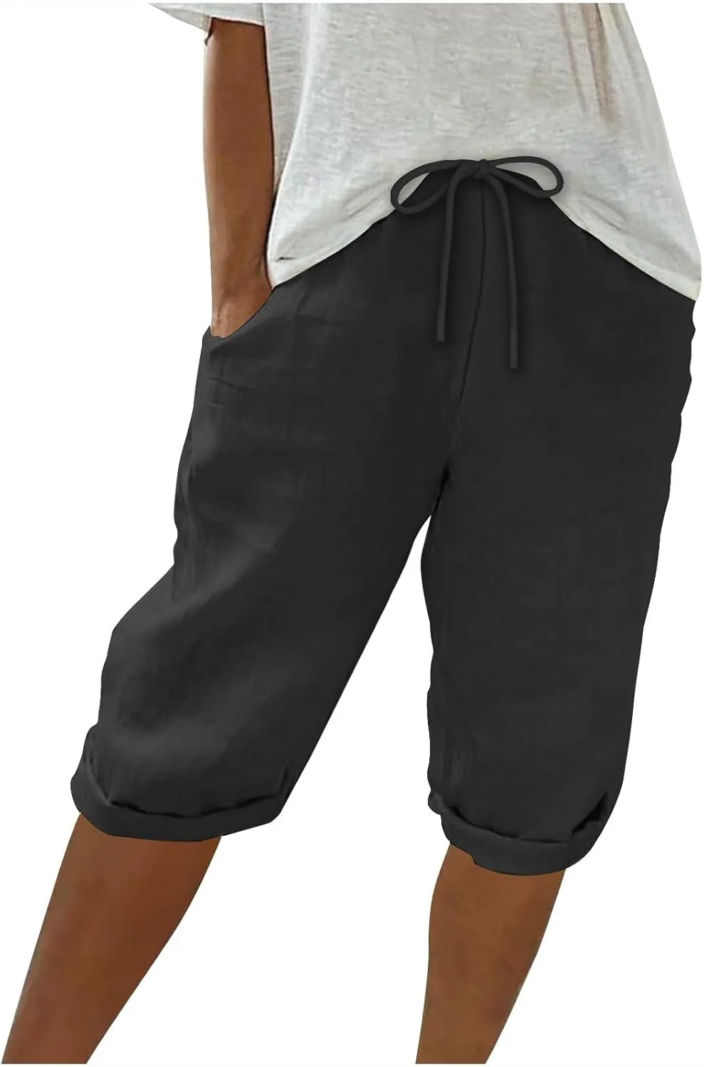 Womens Cotton Linen Shorts Casual Solid Yoga Sweat Shorts Elastic High Waisted Drawstring Shorts with Pockets