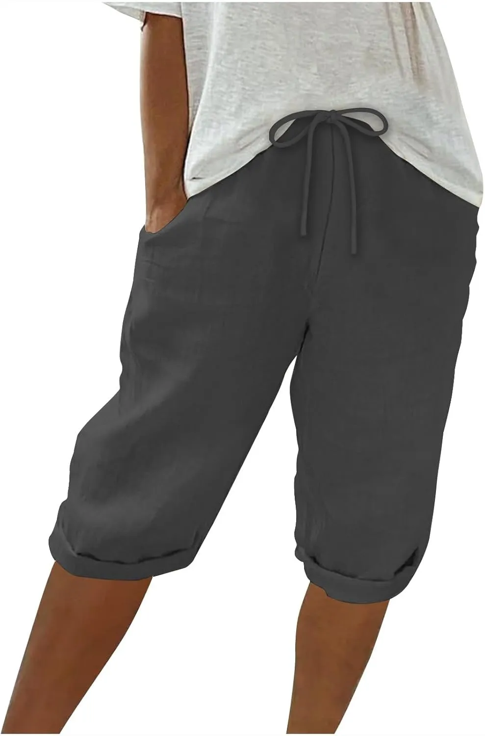 Womens Cotton Linen Shorts Casual Solid Yoga Sweat Shorts Elastic High Waisted Drawstring Shorts with Pockets