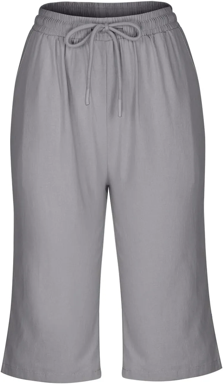Womens Cotton Linen Shorts Casual Solid Yoga Sweat Shorts Elastic High Waisted Drawstring Shorts with Pockets