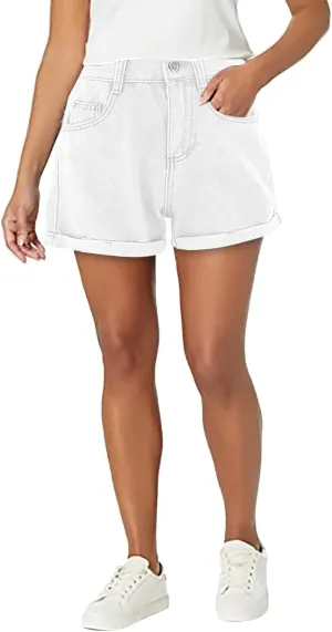 Womens Denim Shorts Stretchy High Waisted Summer Beach Jean Shorts Trendy Folded Hem Casual Loose Fit Short Jeans