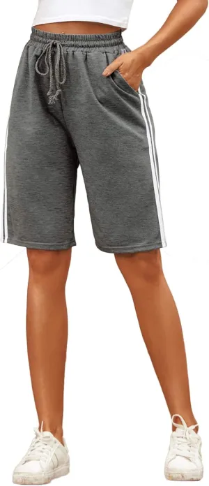 Women's Drawstring 2-Stripes Lounge Jersey Bermuda Shorts High Waist Jogger Yoga Long Sweat Shorts with Pockets