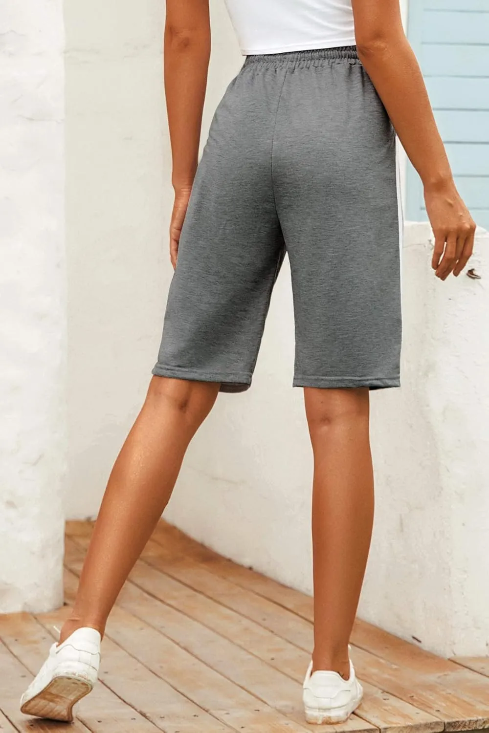 Women's Drawstring 2-Stripes Lounge Jersey Bermuda Shorts High Waist Jogger Yoga Long Sweat Shorts with Pockets