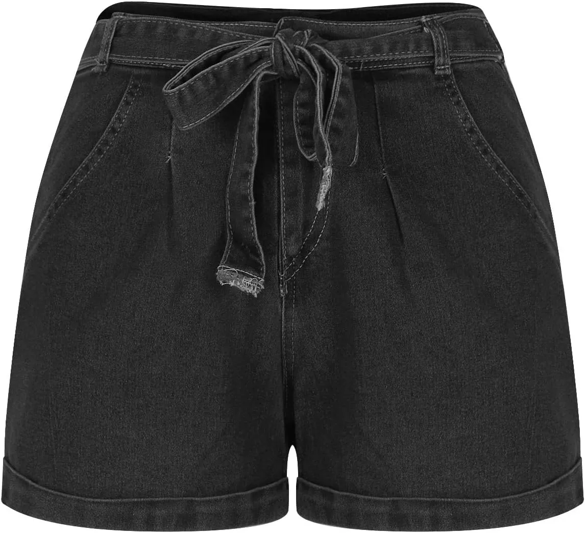 Women's Elastic Waist Tie Front Straight Denim Shorts Casual Drawstring Jean Shorts Summer Beach Shorts with Pocket